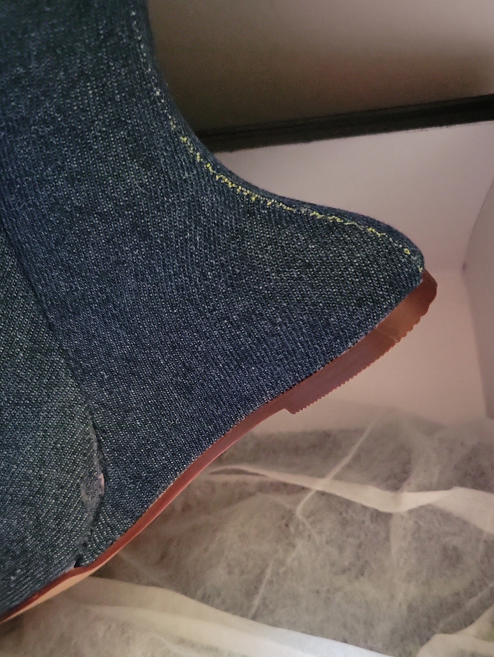 AZALEA WANG Denim Wedge Knee Boots with Green Embroidered Accents - Picture 5 of 8